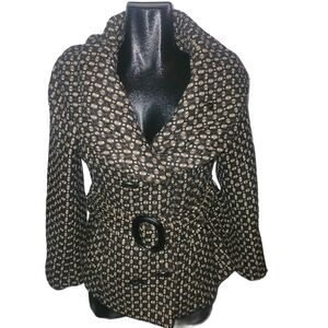 Nicole Benisti Black and Tan Double-breasted Tweed Shawl Neck Belted Coat XL